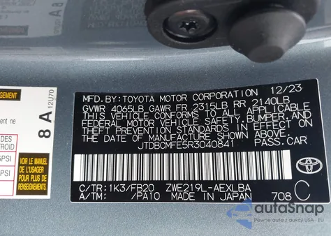 2024 Toyota Corolla Hybrid Le z USA, uszkodzony, nr VIN JTDBCMFE5R3040841